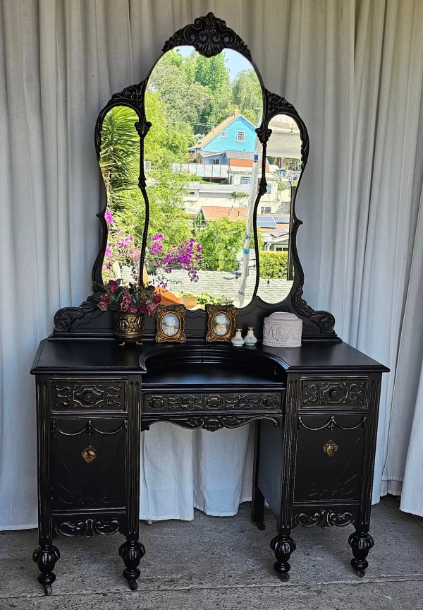 Enchanting Jacobean Black Vanity Set - Circa 1930's