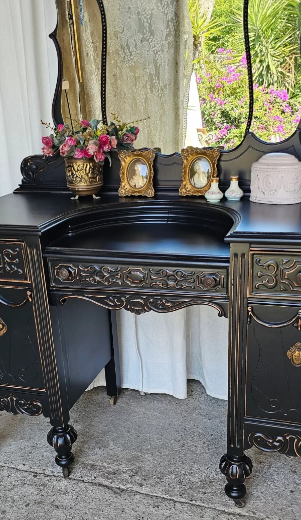 Enchanting Jacobean Black Vanity Set - Circa 1930's - Image 7