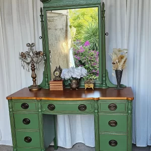 1940s Charm: Antique Mahogany Vanity & Writing Desk with Mirror