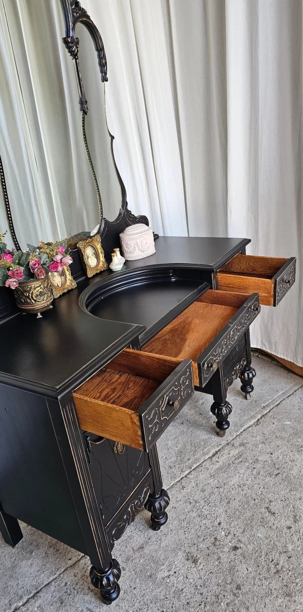 Enchanting Jacobean Black Vanity Set - Circa 1930's - Image 2